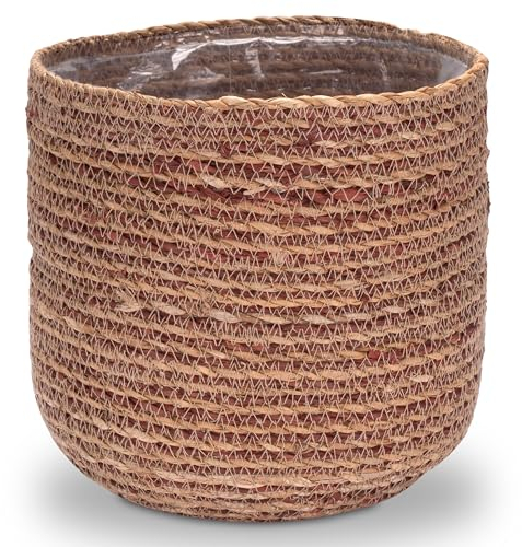 Decorasian Pot de Fleurs en jonc de mer - Cache-Pot tressé - Panier à Plantes décoratif avec Insert en Film Plastique dans Le Style Boho - Natuel/Rouge - 21cm