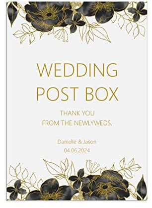 PMPrinted Black And Gold Floral A5, A4 Or A3, Wedding Post Box Table Sign, Personalised