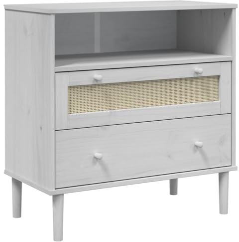 vidaXL Sideboard, Kommode Rattan-Optik, Beistellschrank mit Stauraum für Wohnzimmer, Anrichte Mehrzweckschrank Highboard, Weiß Massivholz Kiefer