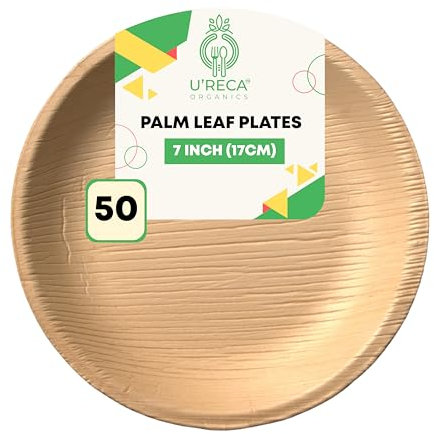 U'reca Organics Eco-Friendly Areca Palm Leaf Round Plates | 7 - Pack of 50 | Suitable for Café Menus, Bakeries & Party Snacks | Compostable, Tree-Free, Leakproof