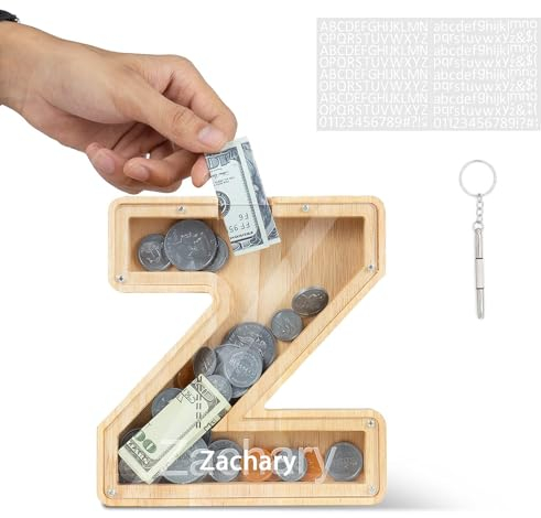DONJIM Personalized Wooden Money Box, 7 Letter Piggy Bank, Clear Money Gift Box, Detachable Money Jar, with DIY Alphabet Stickers and Screwdriver, Alphabet Z Money Tin