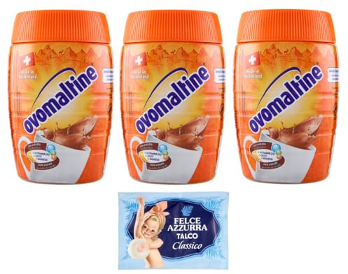 3er-Pack Ovomaltine Malzhaltiges Getränkepulver Kakaogeschmack 400g + 1er-Pack Kostenlos Felce Azzurra Talkumpuder, 100g-Beutel