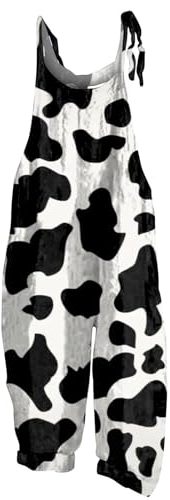 RMBLYfeiye Onesie Kostüm Erwachsene Ski Overall Damen Winter Jumpsuit Kuhdruck Kuschelig Spaghetti Rückenfrei Latzhose Ärmelloser Romper Fasching