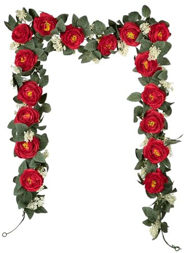 Tuocal Ghirlanda di rose artificiali, 2 pezzi, 3 m, fiori finti rampicanti finti da appendere, ghirlanda di rose per casa, festa di nozze, giardino, decorazione artistica da parete, rosso