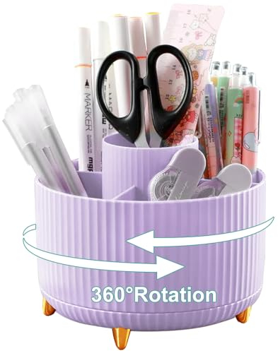 Lenfuos Schreibtisch Organizer, 360 Grad drehbarer Büro-Organizer Stifthalter, 5 Sortierfächer für Stifte, Hefter, Ordnerklammern, Haftnotizen, Platzsparendes Desk Organizer(fliederfarben)