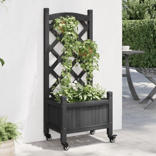 vidaXL Planter with Trellis on Wheels - Black Solid Fir Wood for Outdoor Garden, Patio - Large Planting Box with Drainage, Mobile Garden Container