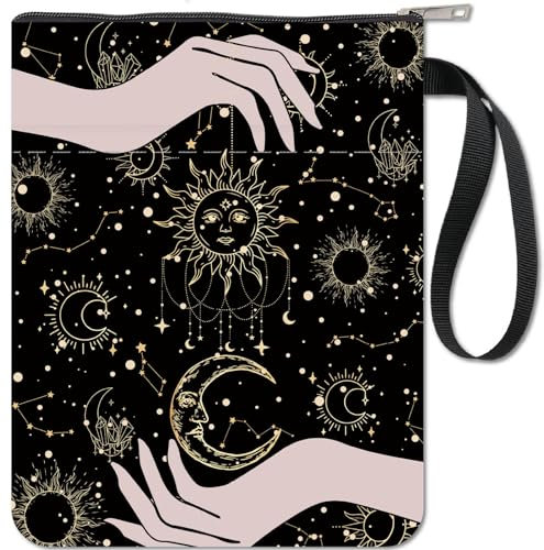 craspire Buchhülle Sonne Buchschutz Mond Hexenhand Schwarze Buchumschläge Für Taschenbücher Waschbarer Buchumschlag Aus Stoff Mit Reißverschluss Und Zusätzlicher Hüllentasche Für Buchliebhaber