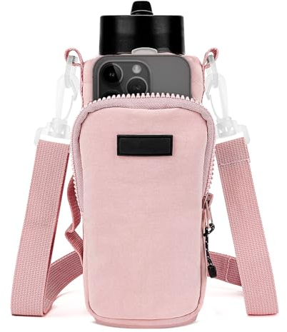 Linkidea Water Bottle Carrier with Strap Compatible with YETI Rambler Bottle 18oz/26oz, Owala FreeSip 24oz/32oz, Waterbottle Sling Bag Holder, Shoulder Strap with Phone Pocket (Pink)
