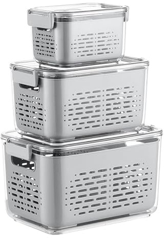 Keyacht Frischhaltedosen mit Deckel Abtropfgitter Kühlschrank Organizer Set 9L+5L+1,8L Fridge Organizer 3-Teiliges Stapelbare Gemüse Aufbewahrung für Kühlschränke