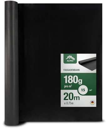 ALMO schwarze UV Fassadenbahn 15m² (0,75 x 20m), 180g/m², Diffusionsoffen, Brandklasse B, Hitzebeständig bis zu 100°C, dauerhaft UV-beständig ohne Selbstklebestreifen
