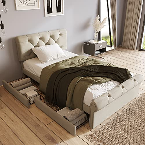 Aoskem Polsterbett Bett 90x200 Einzelbett mit Stauraum 2 Schubladen, Stauraumbett Bettgestell mit Lattenrost, Höhenverstellbar Kopfteil, Rückenlehne Jugendbett Flachbett, Leinen, Ohne Matratze, Natür