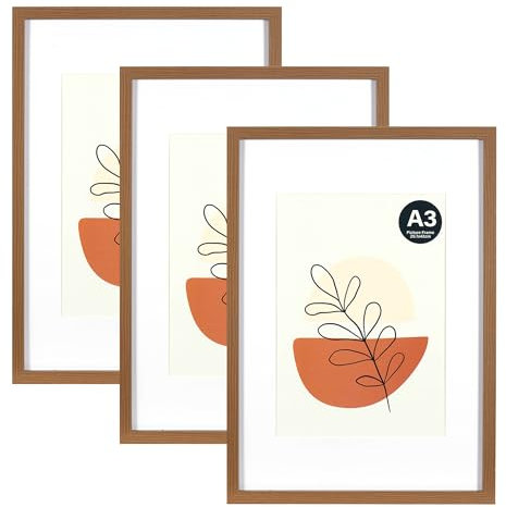 KAIWIN Bilderrahmen Braun A3 3er Set mit Passepartout 21x30 cm (A4) | Fotorahmen mit Acrylglas zum Aufhängen | Für Fotos, Poster, Puzzles, Posterrahmen