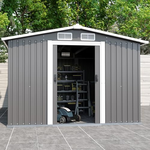 Ctastay Metall Gerätehaus, 321x246x178 cm Geräteschuppen Gartenhaus mit Pultdach, Garten Schuppen Satteldach, Metallrahmen Schuppen aus Stahlblech Abschließbar Gerätehaus (Grau) (321x246x178 cm)
