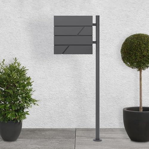 ECD Germany Standbriefkasten mit Zeitungsfach, Briefkasten mit Pfosten, Standfuß freistehend, Briefkastenanlage Briefkastenständer Anthrazit Edelstahl, Postkasten Anthrazit Edelstahl pulverbeschichtet