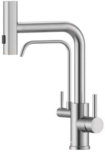 APPASO 3 Wege Wasserhahn Küche ohne Wasserfilter, 4 Modus Wasserfälle 3 in 1 Mischbatterie Küche für Wasserfilter, 360° Drehba Armatur Küche, Trinkwasserhahn mit Ausziehbarer Handbrause