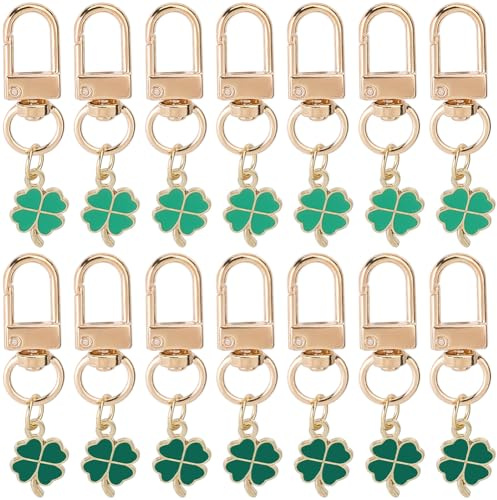 craspire 1 boîte de 20 porte Clés en Forme de Trèfle à 4 feuilles en Vrac en Alliage de Métal Doré Émaillé Porte Bonheur Plantes Vertes Porte Clés Porte Clés avec Fermoirs Pivotants pour Clés Sac