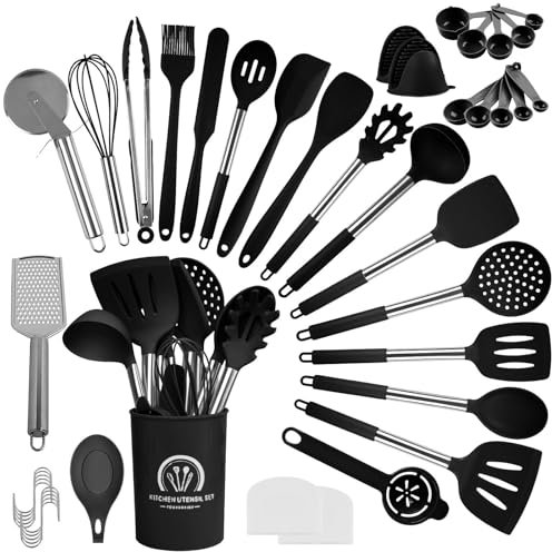 Generisch 45-teiliges Küchenhelfer Set, Silikon Küchenutensilien Kochgeschirr, Schwarz, Hitzebeständiger Kochbesteck Set mit Utensilienhalter, Spülmaschinengeeignet