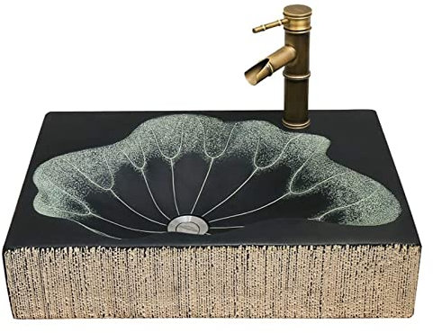 CCYENG Badezimmerwaschbecken, Aufsatzwaschbecken, Waschbecken, Badezimmer, individuelles Aufsatzwaschbecken, Badezimmer, Vintage-Kunst, Lotus-Waschbecken, Pool, Schwarz, 87 x 47,5 x 13,5