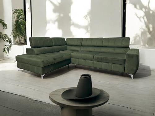 Ecksofa mit Schlaffunktion LONDON L-Form, Sofa Couch mit Bettkasten, Sofa Eckcouch, Schlafsofa für Wohnzimmer, Sofa Couch mit Schlaffunktion und Bettkasten (Grün, Ottomane Links)