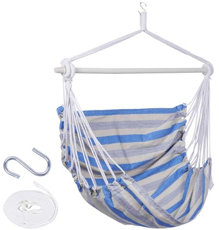 Backyard Expressions Striped Hammock Chair Hanging Rope Swing Chair, Anti Slip Steel Spreader Bar