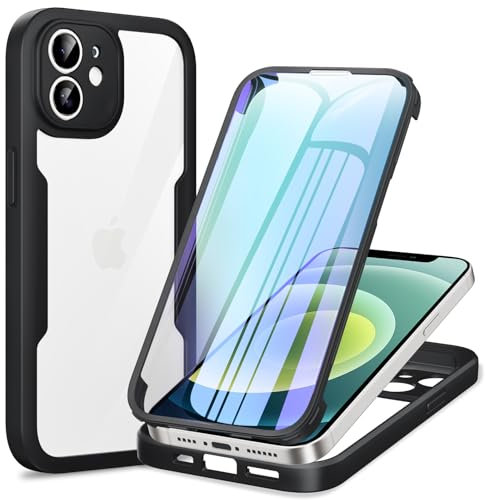 Phoona für iPhone 12 Hülle, 360 Grad Robust Stoßfest Schutzhülle mit Eingebautem Displayschutz, Case Transparent Panzerhülle Handyhülle für iPhone 12, Schwarz