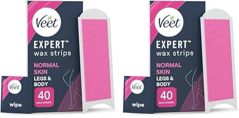 Veet Cold Wax Strips Normal Skin, 40 Count With 4 Finish Wipes, Leg Hair Removal, Shea Butter, Smooth Long-Lasting Results, Ideal Men, Easy Waxing Solution (Pack of 2)