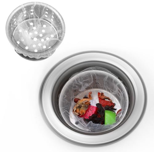 YUXIANLB 200PCS Large Size Disposable Kitchen Sink Strainer Mesh Bags Elastic Anti-Clogging Drain Protector for Food Waste Leftovers Garbage Flippable Design Fits Most Sinks Triangle Holder Filter