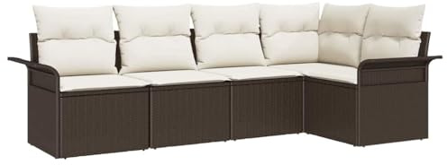 vidaXL 5-teiliges Garten-Sofa-Set mit Kissen in Braun und Creme, wetterfest aus Poly-Rattan, modulares Möbel für Terrasse und Lounge