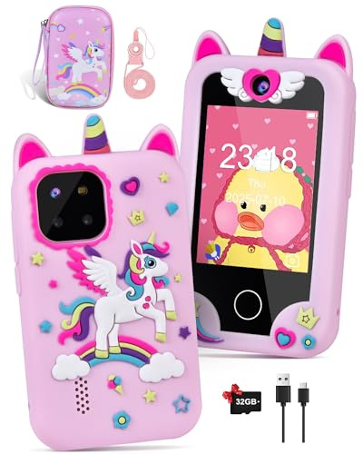Jusvenmt Kids Smart Phone, Unicorn Phone Toys Christmas Birthday Gifts for 3-10 years old Girl, Toddler Learning Toy Phones with 2.8 Touchscreen, Dual Camera, Games, Music, 32GB Card & Bag PINK