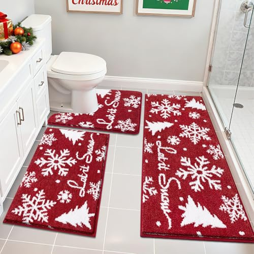 Enyhom Christmas Bath Mat Sets 3 Piece, Non Slip Bath Mats and Toilet Mat Set Super Absorbent Soft Bath Mats Machine Washable Tub Shower Bathroom Floor Carpet, Red