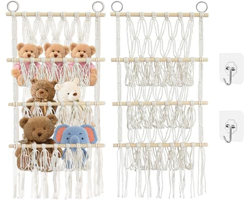 Kuscheltier Aufbewahrung Stofftier Kuscheltiere Plüschtier Aufbewahrung Netz Hängematte Boho-Macramé-Organizer,Kinderzimmer Deko für Plüschtiere und Teddybären und Kinderzimmer Deko