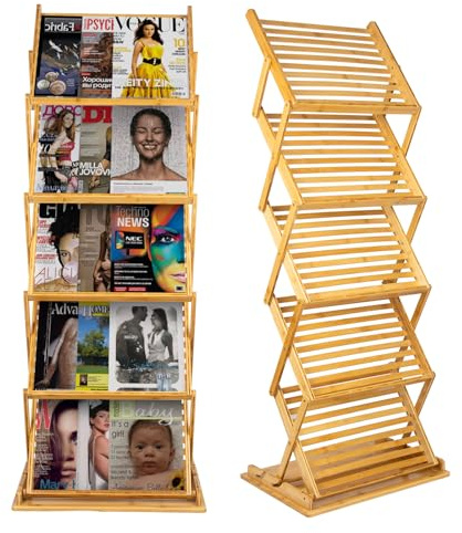 Nynelly Faltbarer Zeitschriftenständer aus Bambus für den Boden, Tragbarer Prospektständer, 5 Fächer A3 für Flyer, Bücher, Zeitschriften, Literaturständer Flyerständer für Messen, Zuhause, Büro