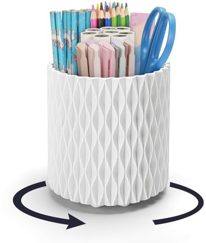 minimaliving Desk Organiser,Stylish Rhombus Pen Holder for Desk 360°Rotating Office Desk Accessories,Pencil Pot with 5 Compartments Storage Box Caddy for Office,School,Home,Art Supply(Pure White)