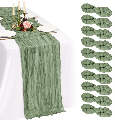 Showgeous 10 Stück Salbeigrün Käsetuch Tischläufer Extra Breit 90x300cm | Boho Tischläufer Abwaschbar Romantische Rustikale Tischdekorationen für Hochzeit Party Geburtstag Feiertag Zuhause