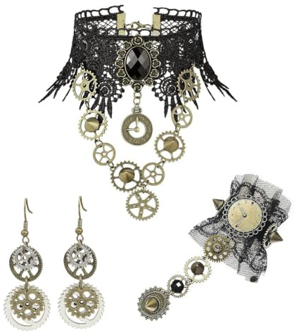 KASLCWA Steampunk Damen Steampunk Accessoires Mit Uhrwerk Zahnrad Choker Halskette Armband Und Ohrringe Gothic Spitze Accessoires FüR Halloween Karneval Cosplay
