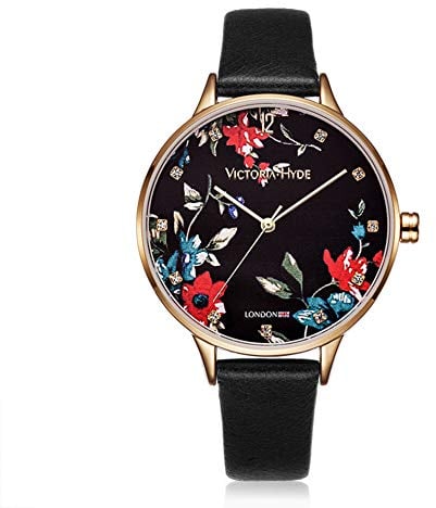 VICTORIA HYDE Damen Uhr Blumenmuster Zifferblatt Analoges Quarzwerk Leder Armband
