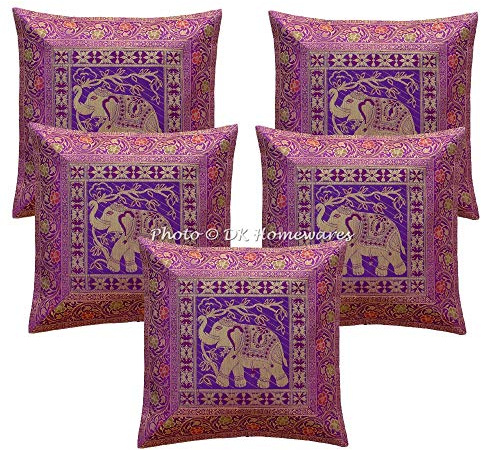 DK Homewares Indisch Sofa Kissenhüllen 40x40 cm Lila Brokat Jacquard Kissenbezüge Home Reißverschluss Elefant Bohemien Quadrat Kissenhülle Tiermotiv - 5er-Set (nur Bezug)