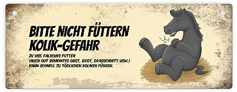 Metallschild mit schwarzem Pferd Motiv und Spruch: Bitte nicht füttern - Kolik-Gefahr