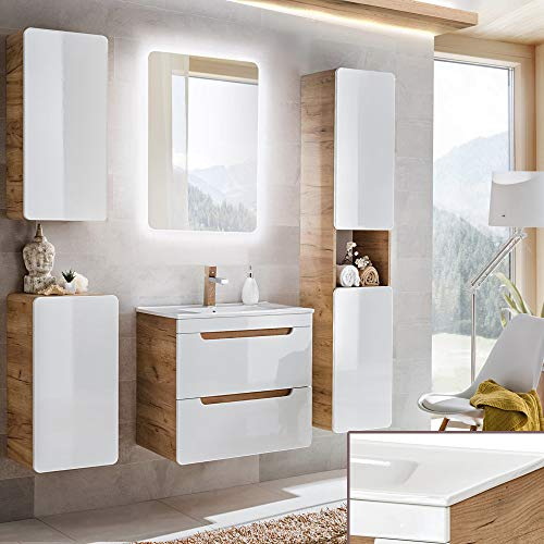 Lomadox Badmöbel Komplett Set, Hochglanz weiß mit Wotan Eiche Nb., 61 cm Waschtisch-Unterschrank mit Keramik-Waschbecken & LED-Spiegel