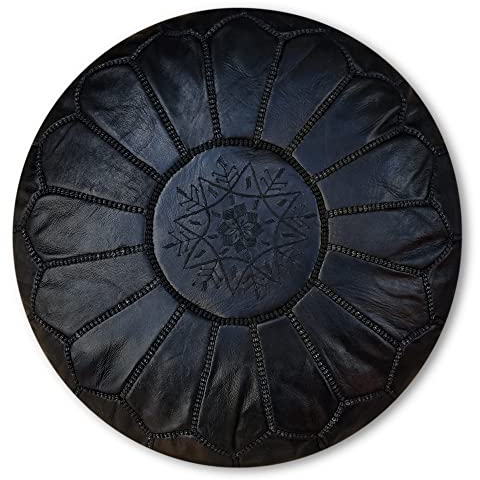 Poufs&Pillows Marokkanischer Echtleder Pouf - Handgefertigt - Gefüllt Geliefert - Ottoman, Sitzsack, Fußhocker, Puff (Schwarz)
