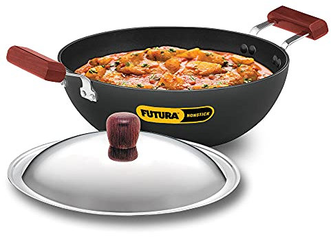 HAWKINS Futura 3.5 Litre Deep Kadhai, Non Stick Kadai with Stainless Steel Lid, Flat Bottom Induction Kadhai, Black (INK35S)