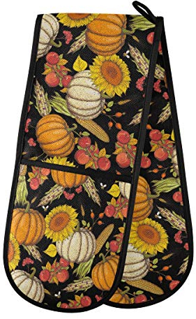 HMZXZ RXYY Double Oven Glove Halloween Pumpkin Maple Leaves Sunflower Heat Resistant Quilted Cotton Kitchen Oven Mitts Long Oven Gloves for Cooking Baking Grilling Handling Hot Pots Pans