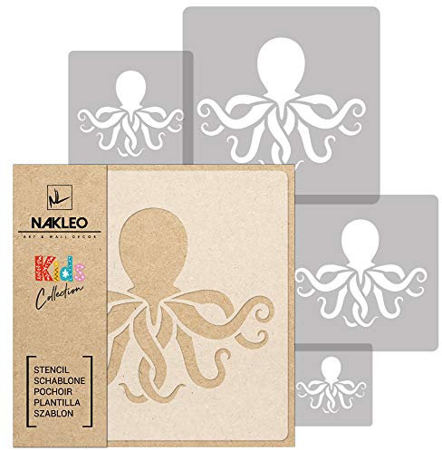 NAKLEO Schablonen Malen für Kinderzimmer, 5 Stück Set 9x9 bis 34x34cm Oktopus Meer Tier, Wiederverwendbare Kunststoff Malvorlage Raumdekoration, Basteln DIY Wand Möbel Papier Stoff