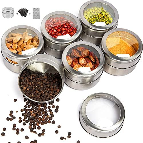 HOMGEN Gewürzdosen Magnetisch Edelstahl 6 Stück Gewürzgläser Set Magnet 100ml Gewürze Spice Jars mit Gewürzregal und Gewürzaufklebern für Küche