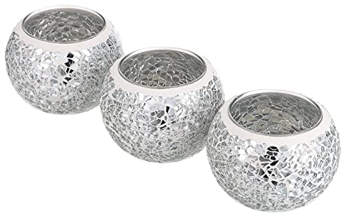 BSTKEY Set of 3 Mosaic Glass Tea Light Candle Holders, Decorative Votive Candle Stands, Round Candle Centerpieces for Table, Wedding, Party, Home Decor, Silver