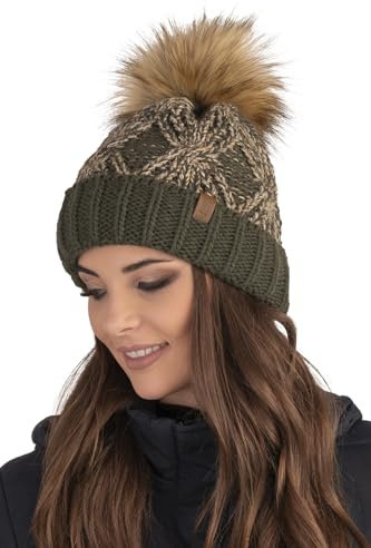 Visience Winter Mütze Mit Bommel Für Damen Aus Wärmendem Garn Bommelmütze Aus Weichem Vlies-Innenfutter Antistatische Perfekte Passform Für Kalte Wintertage Modell 7029, Grün,Einheitsgröße