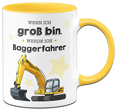 Tassenbrennerei Original - Kinder-Tasse Spruch Wenn ich groß bin werde ich Baggerfahrer - Kakaobecher mit Bagger (Gelb)