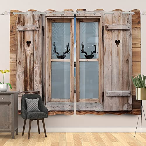 SDOTPMT 107x215cm Porta della stalla in legno Tende Oscuranti Casale d'epoca Cancello del garage Campagna rurale Decorazione corna Tende finestre Isolamento termico Tenda camera letto, 2 pannelli