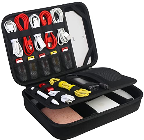 BOVKE Hard Electronics Organizer Case, Travel Electronics Accessories Organizer Bag, Portable Double-Layer Cable Storage Box for Cables, Cord, Charger, Ipad, iPhone, Power Bank, Hard Drive.Black