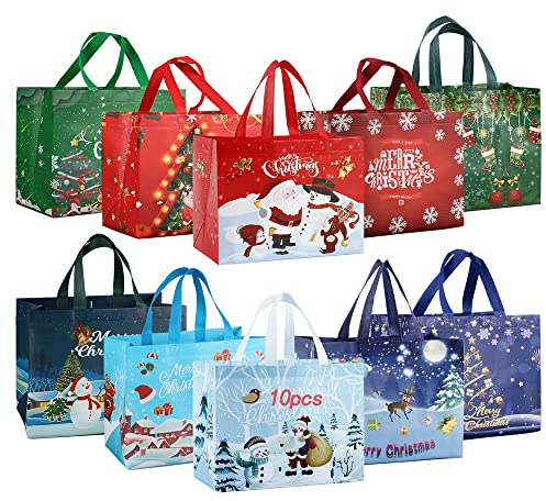Große Weihnachtsgeschenktüten,10 Pcs Geschenktaschen Weihnachten,Weihnachtstaschen mit Griffen,Tragetasche Weihnachten,Wiederverwendbare Geschenktüten,Faltbare einkaufsbeutel Weihnachten Gifts